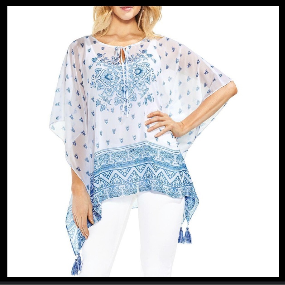 NWT Vince Camuto White Blue Sheet Prints Daytime Coverall Blouse Top Women XS/S